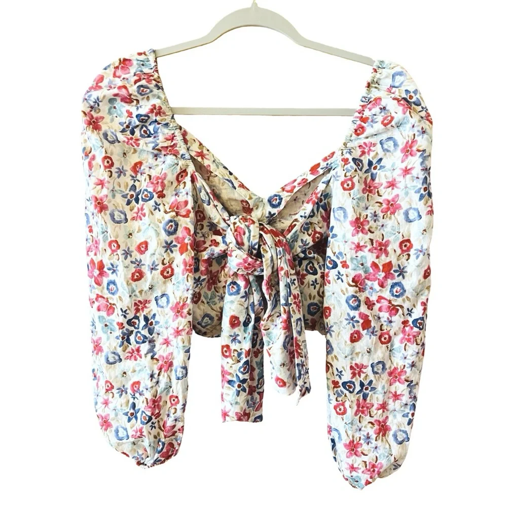 Zara Floral Linen Blend Tie Back Puff Sleeve Crop Blouse